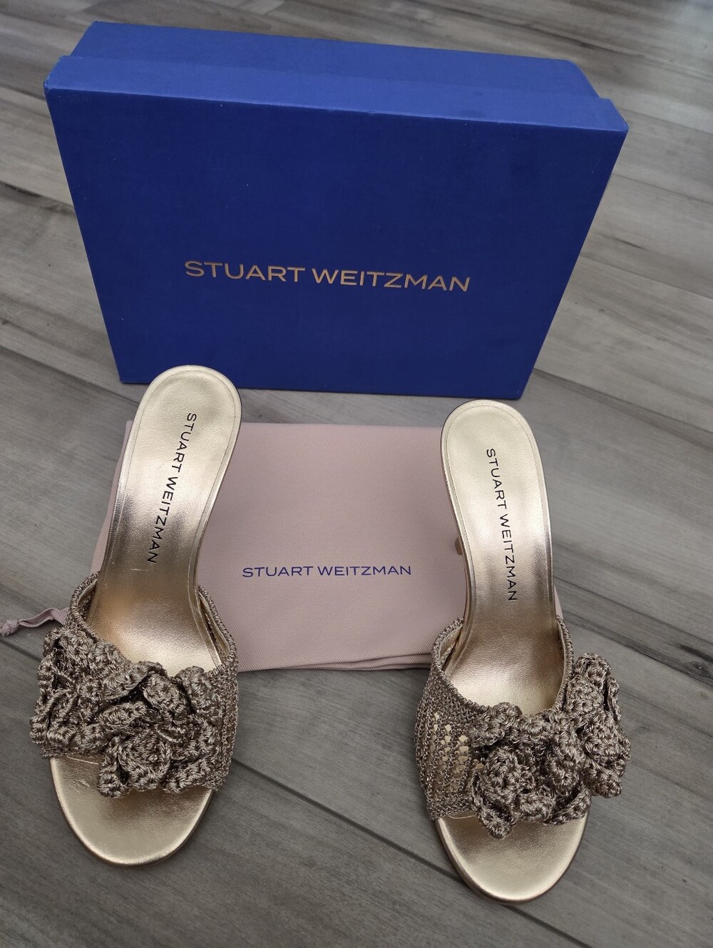 Stuart Weitzman Metallic Gold Crochet Lotus Heels